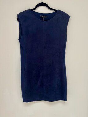 BCBG MaxAzria Karlee Faux Suede Shift Dress Navy Blue Zipper Shoulder Detail M